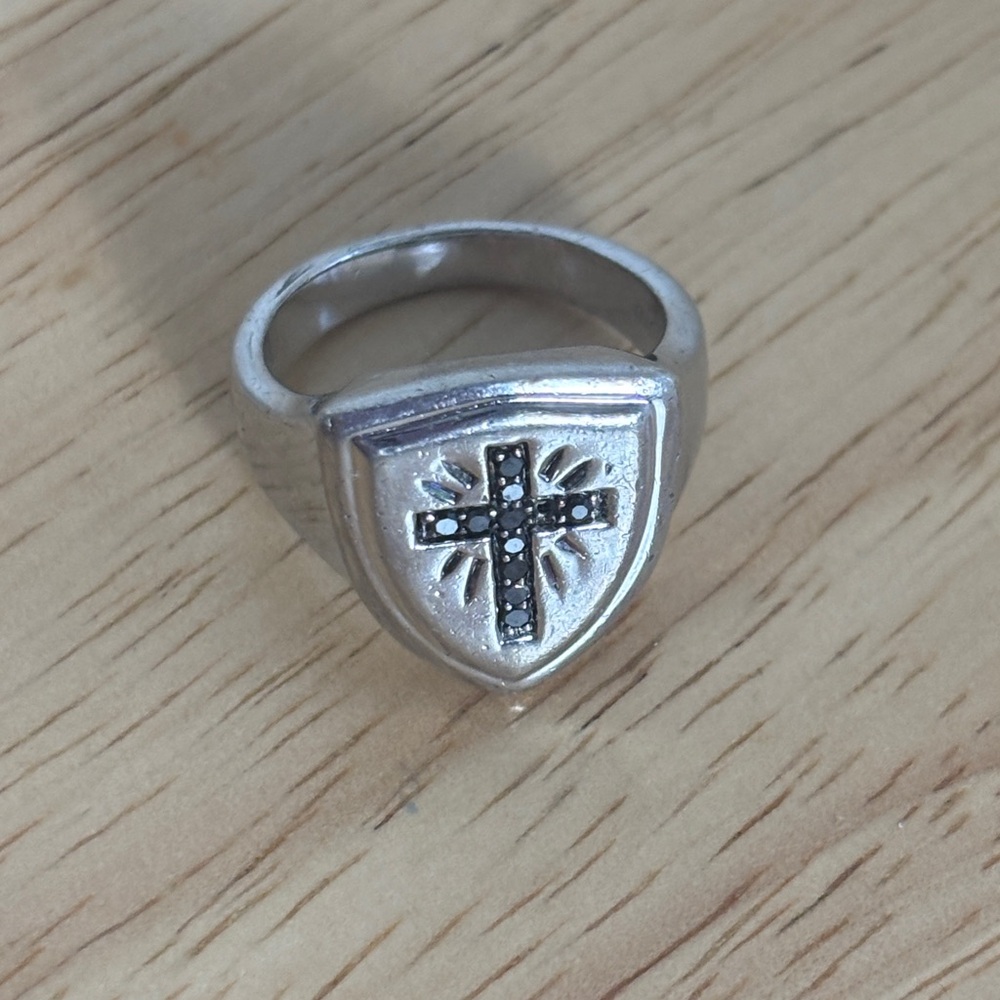 Silver 925 Shield Ring with Black Stone Cross crusades shield of faith medieval
